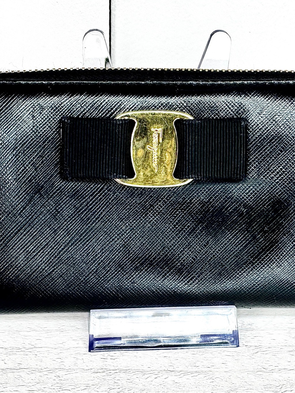 Salvatore Ferragamo Vara Bow Zip Around Wallet Black Saffiano Leather Italy